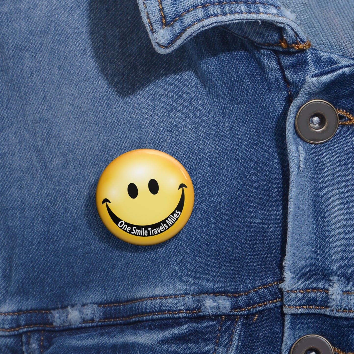 Smile Face Pin Button - "One Smile Travels Miles" Retro Smiley Badge