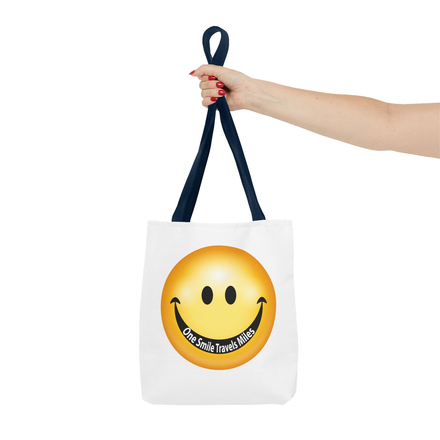 Smiley Face Tote Bag — "One Smile Travels Miles" Inspirational Canvas Tote