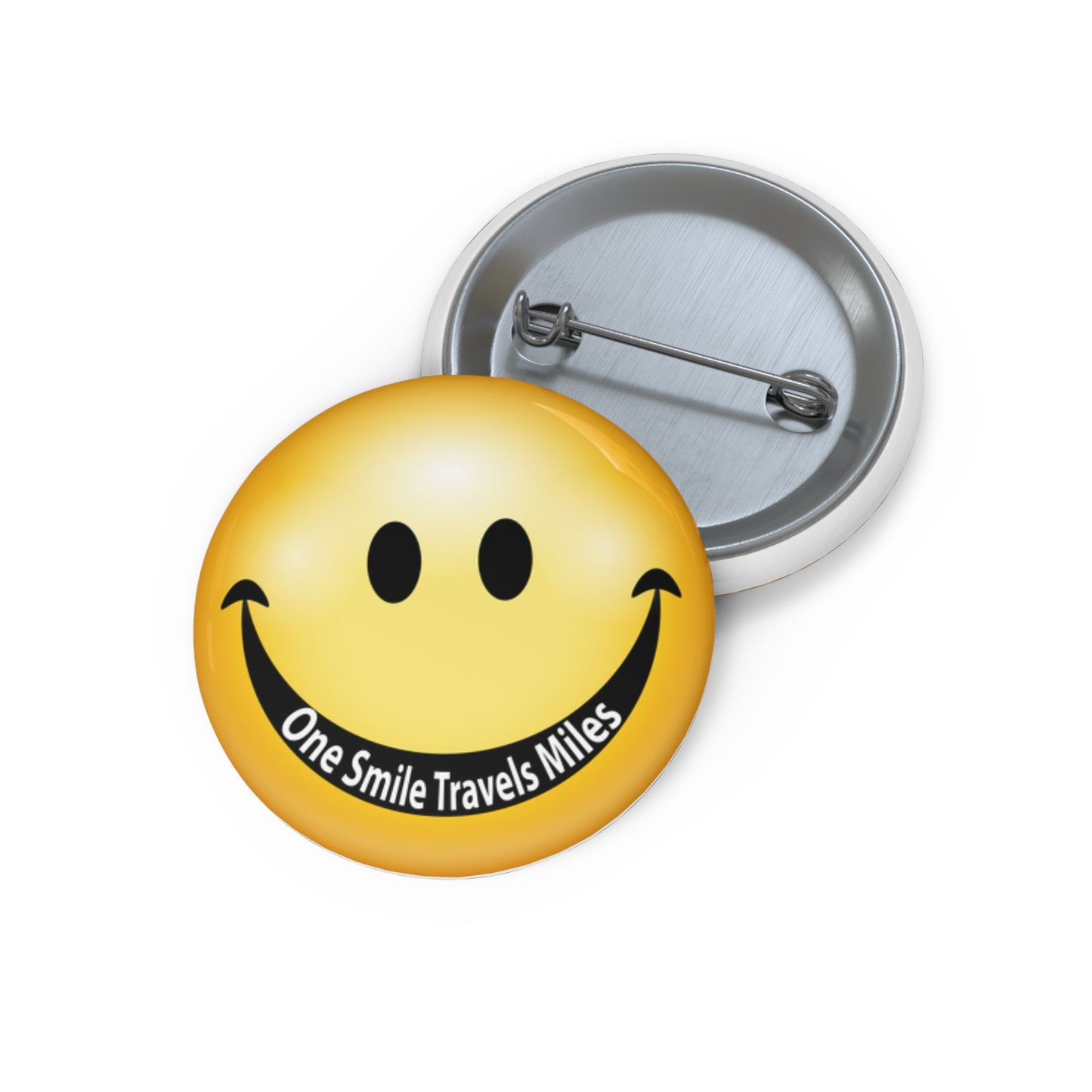 Smile Face Pin Button - "One Smile Travels Miles" Retro Smiley Badge