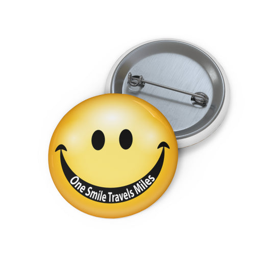 Smile Face Pin Button - "One Smile Travels Miles" Retro Smiley Badge