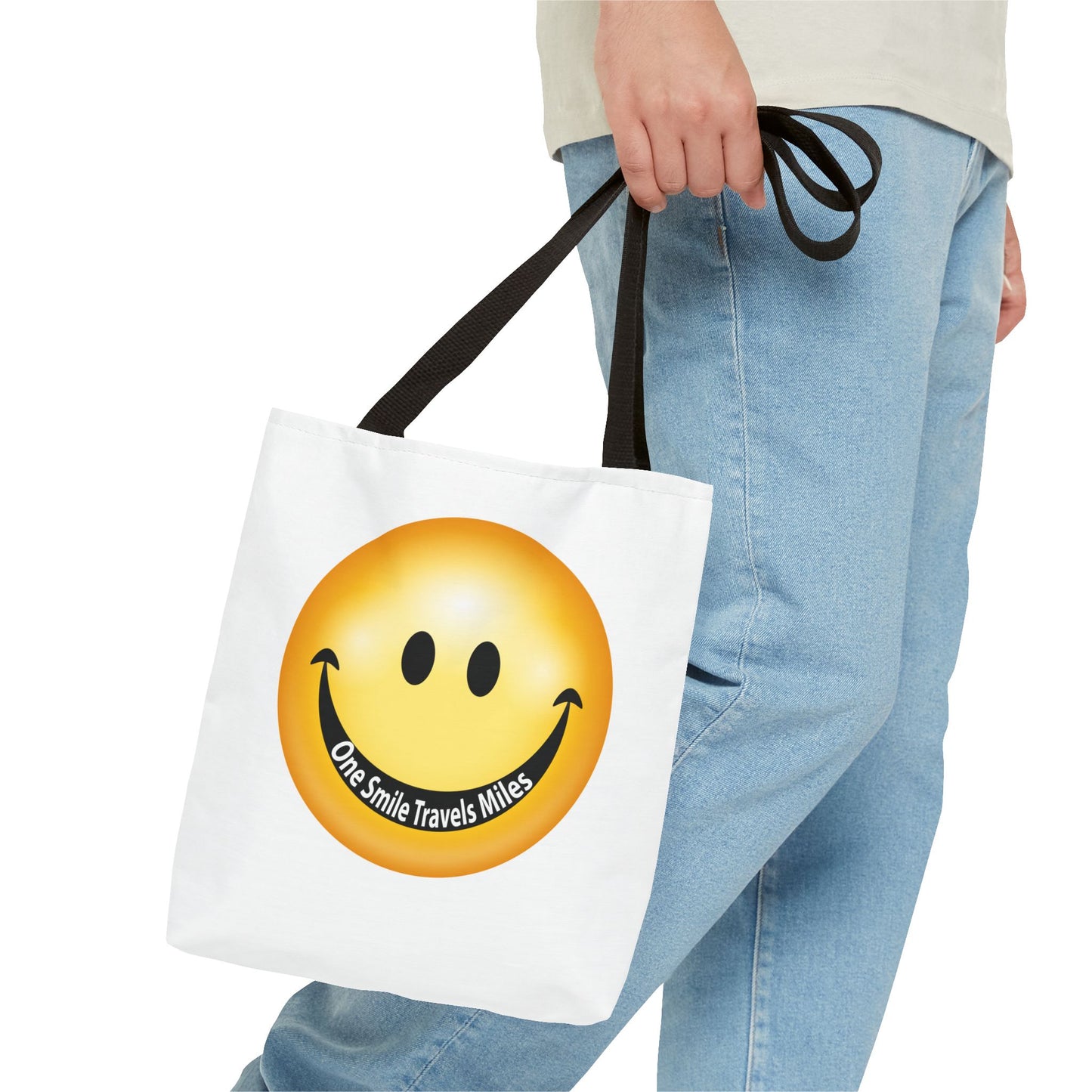 Smiley Face Tote Bag — "One Smile Travels Miles" Inspirational Canvas Tote