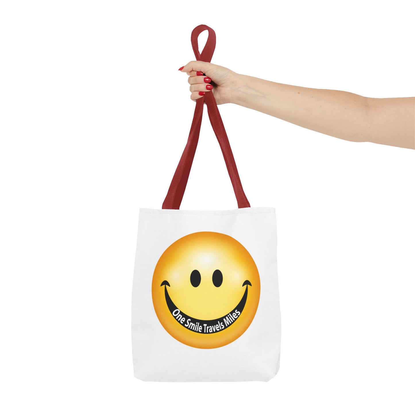 Smiley Face Tote Bag — "One Smile Travels Miles" Inspirational Canvas Tote