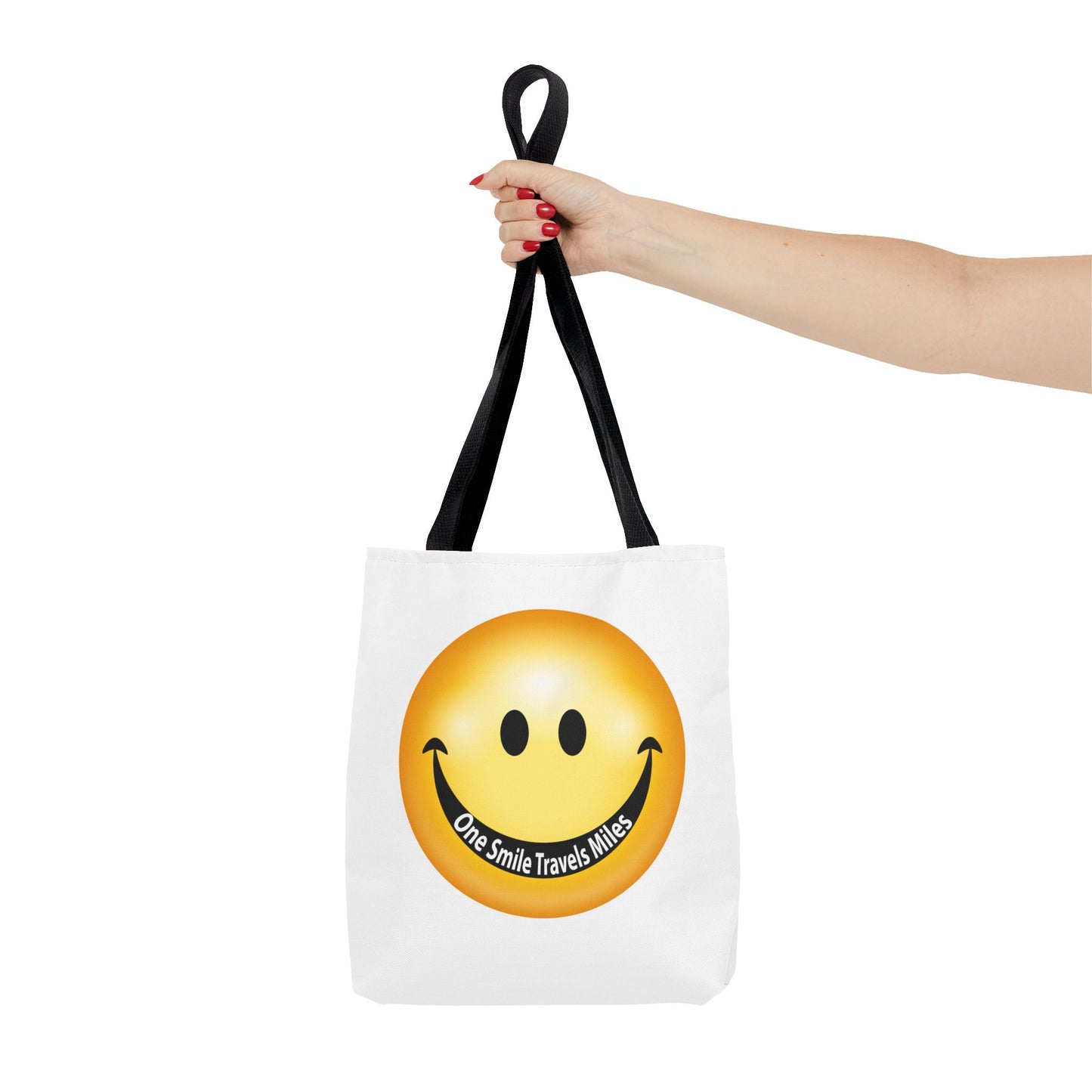 Smiley Face Tote Bag — "One Smile Travels Miles" Inspirational Canvas Tote
