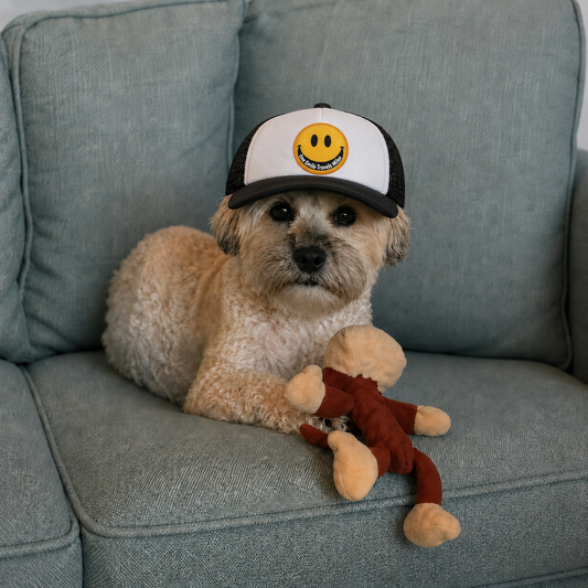 Smiling Dog Foam Trucker Hat — Happy Pup Emoji Mesh Cap
