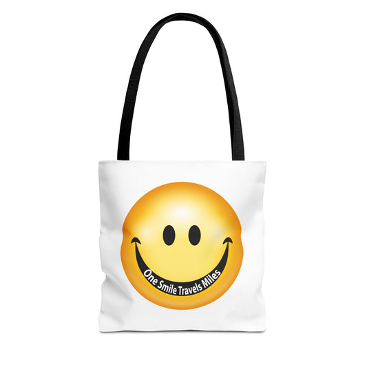 Smiley Face Tote Bag — "One Smile Travels Miles" Inspirational Canvas Tote