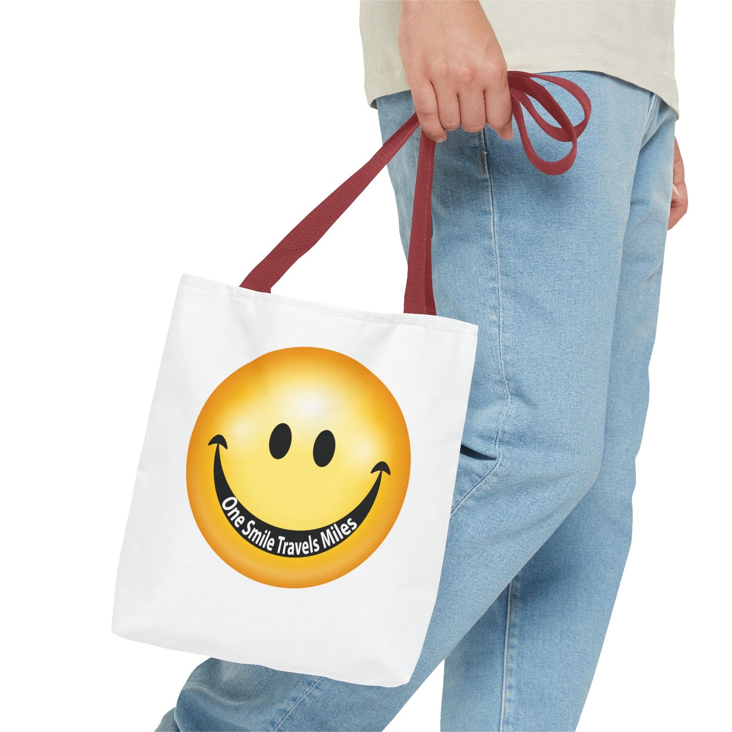 Smiley Face Tote Bag — "One Smile Travels Miles" Inspirational Canvas Tote