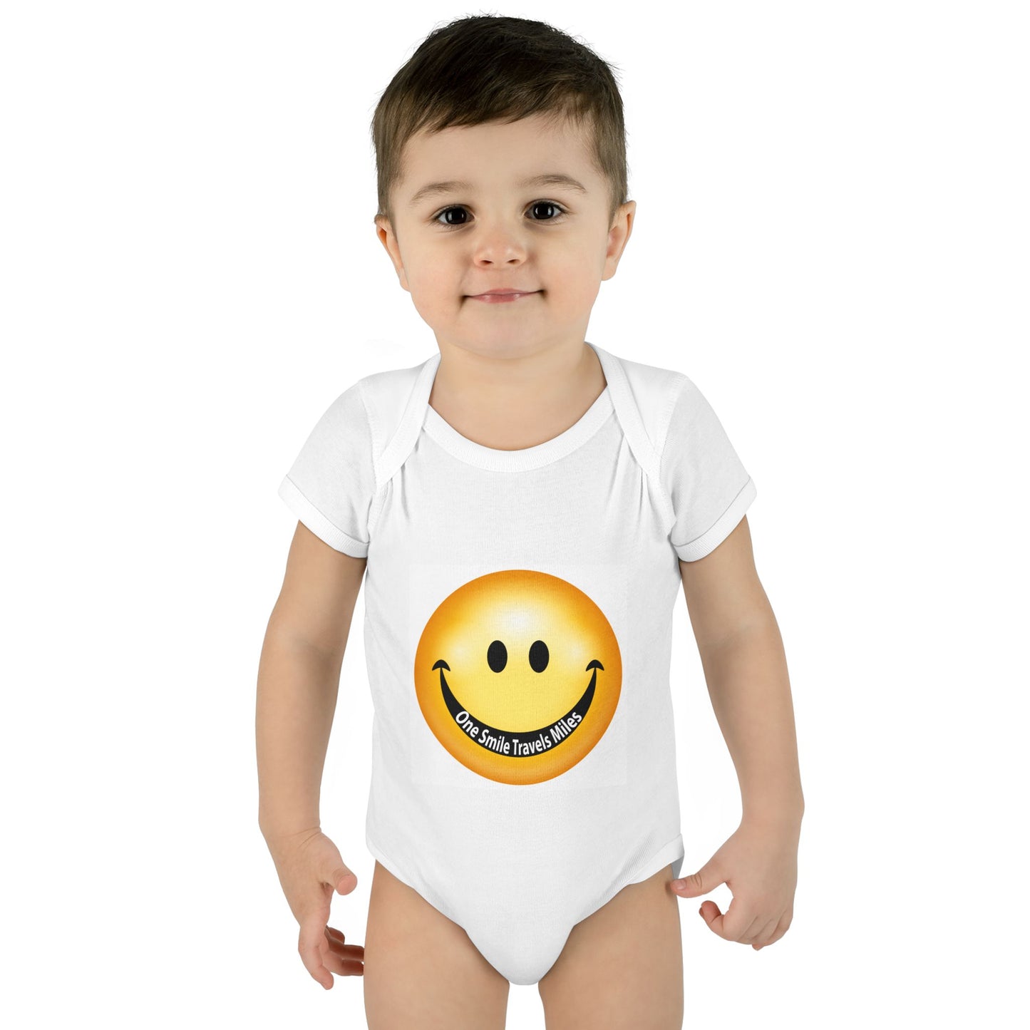 Smiley Face Infant Bodysuit — 'One Smile Travels Miles' Baby Onesie
