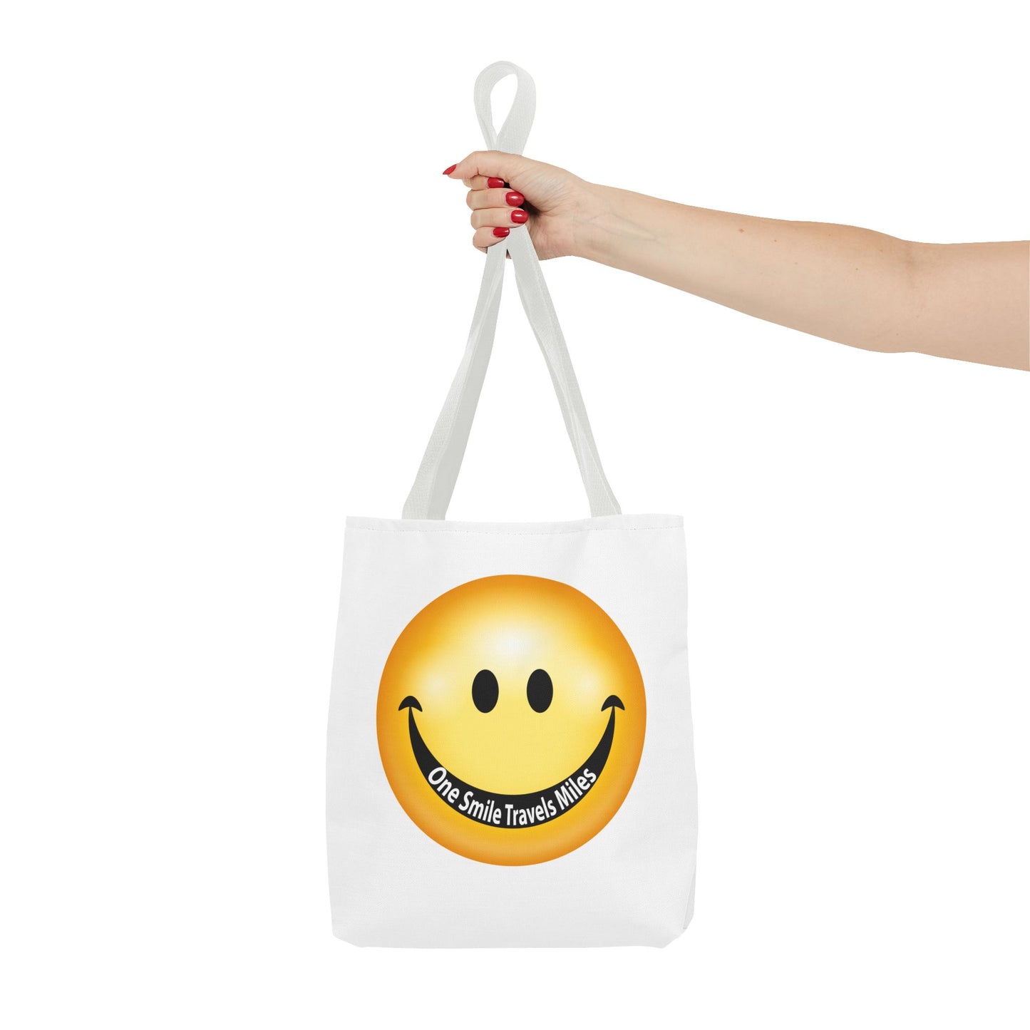 Smiley Face Tote Bag — "One Smile Travels Miles" Inspirational Canvas Tote