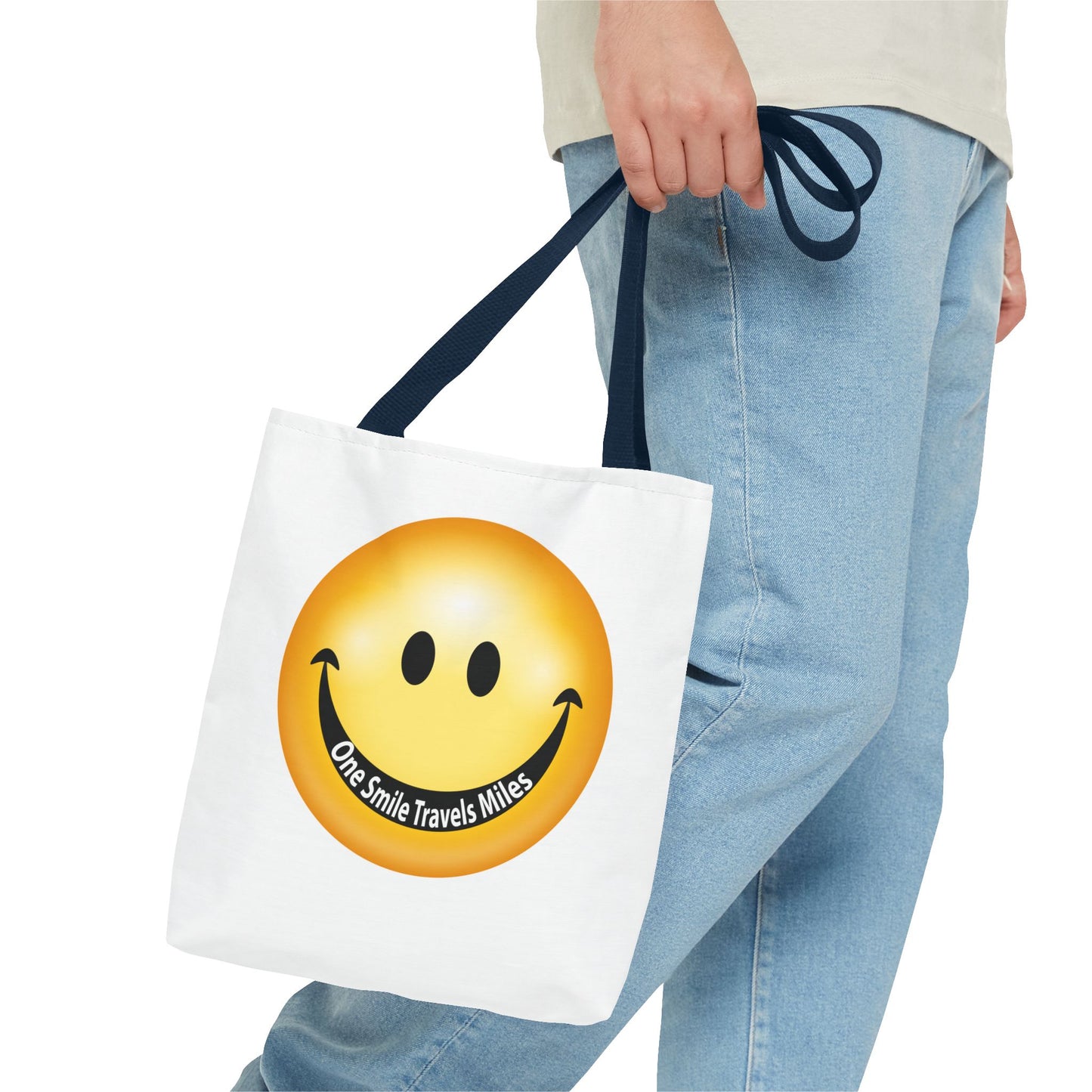 Smiley Face Tote Bag — "One Smile Travels Miles" Inspirational Canvas Tote