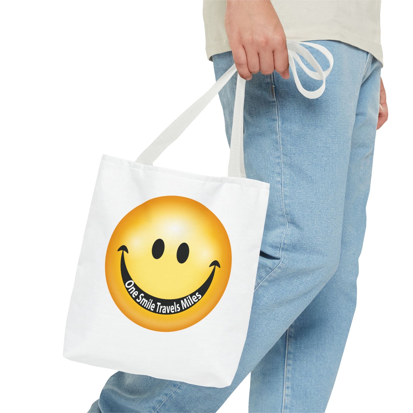 Smiley Face Tote Bag — "One Smile Travels Miles" Inspirational Canvas Tote